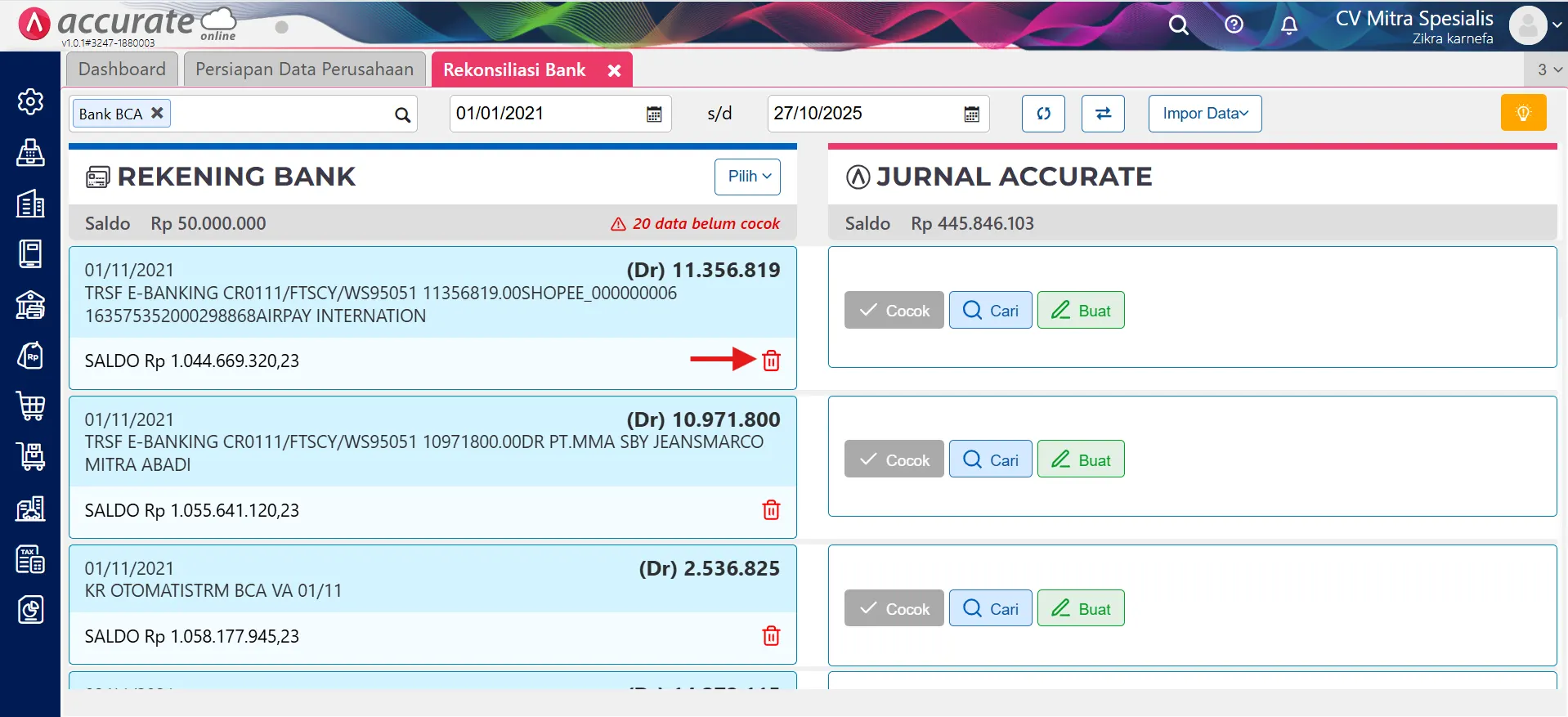 3 Cara menghapus rekening koran secara satuan dan Massal